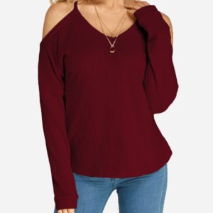 Burgundy Cold Shoulder Long Sleeves T-shirts