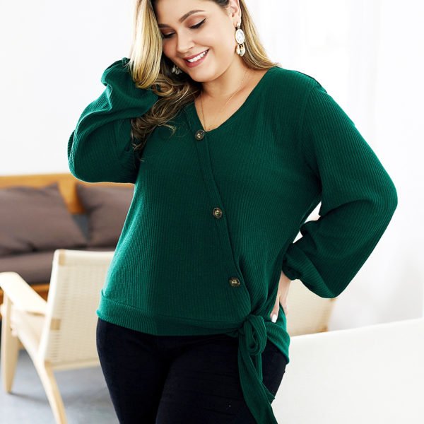 Plus Size Green V-neck Knotted Long Sleeves Jumper 2
