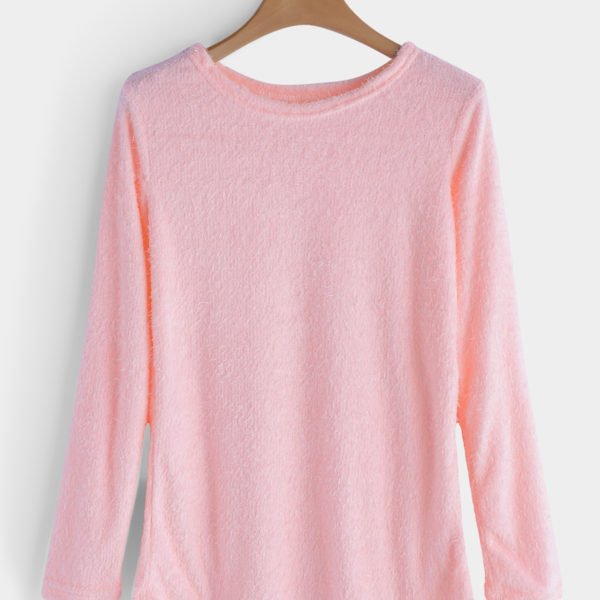 Pink Casual Round Neck Long Sleeves Fuzzy T-shirt 2
