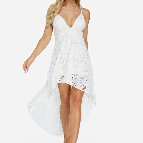 White Lace Backless V-neck Sleeveless Dress 2