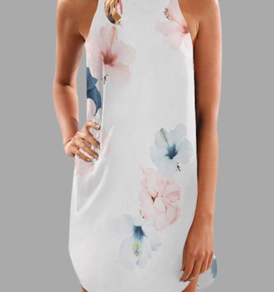 White Random Floral Print Halter Neck Sleeveless Dress 2