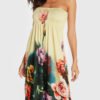 Beige Floral Print Shirred Strapless Dress 3