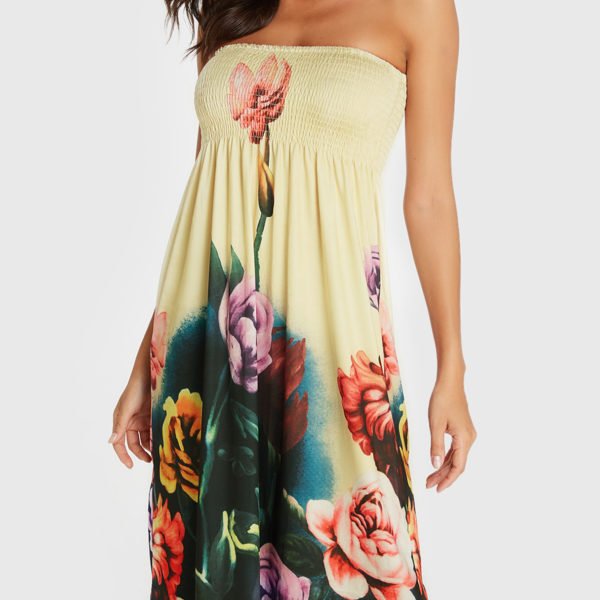 Beige Floral Print Shirred Strapless Dress 2