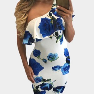 Blue One Shoulder Falbala Random Floral Print Midi Dress
