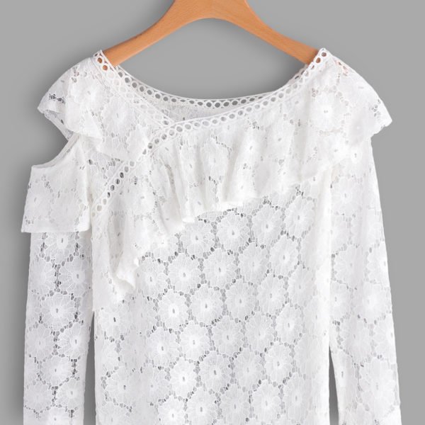 White See Through Lace Details Cold Shoulder Long Sleeves Blouse 2