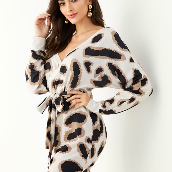 Khaki Random Leopard Backless V-neck Long Sleeves Dress 2