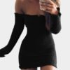 Black Off-The-Shoulder Frill Hem Sweater Knit Dress 3