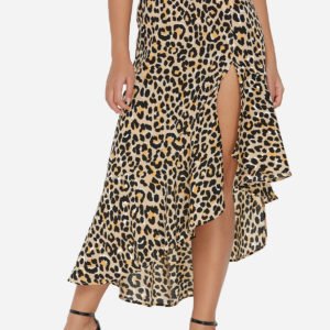Leopard Pattern Slit Design Ruffle Hem Skirt