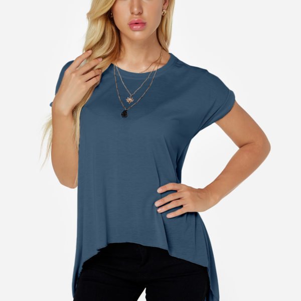 Blue Slit Design Round Neck Short Sleeves Tee 2