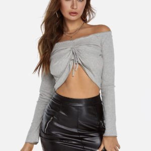 Grey Off The Shoulder Long Sleeves Crop Top