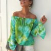 Green Tie-dye Off The Shoulder Long Sleeves Blouse 3