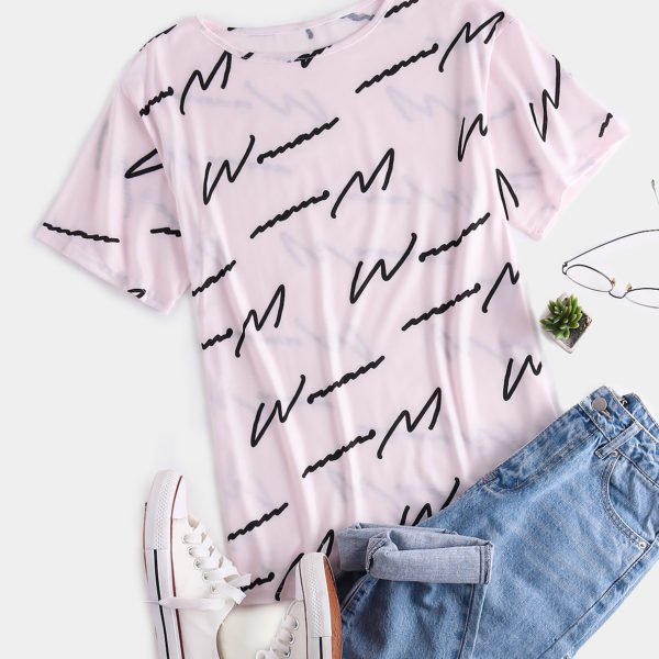 Pink Letter Round Neck Short Sleeves Tee 2