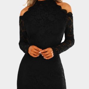 Black Lace Detail Cold Shoulder Long Sleeves Mini Dress