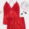 Red Lace Trim V-neck Back Cross Strap Pajama Set 3