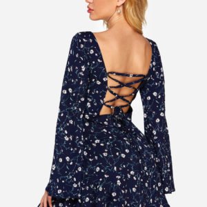Navy Backless Criss-cross Design Random Floral Print Square Neck Bell Sleeves Dress