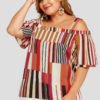 YOINS Plus Size Red Geometrical Cold Shoulder Half Sleeves Blouse 3