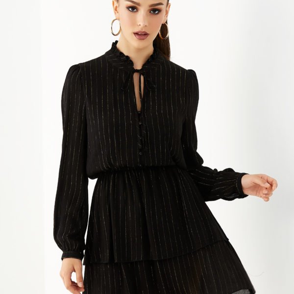 YOINS Black Stripe Lettuce-edge V-neck Tie-up Design Dress 2