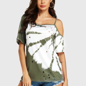 Army Green Tie-Dye Hollow Design One Shoulder Tee