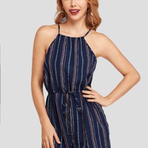 YOINS Navy Blue Striped Halter Backless Drawstring Waist Playsuits