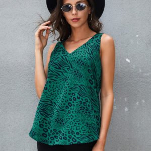 YOINS Green Animal Leopard V-neck Tank Top