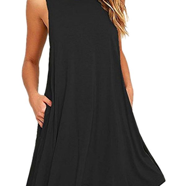 Black Round Neck Side Pockets Mini Dress 2