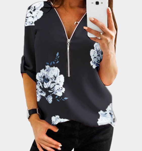 YOINS Black Random Floral Print Zip Design V-neck Adjustable Sleeve Length Blouse 2