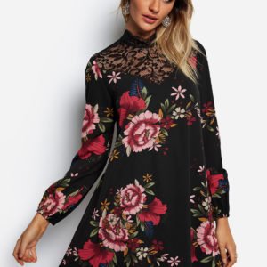 Black Lace Insert Random Floral Print Perkins Collar Long Sleeves Dress