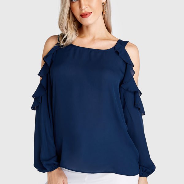 Navy Ruffle Trim Cold Shoulder Long Sleeves Blouse 2