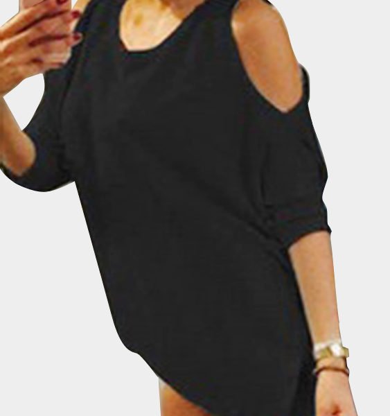 Casual Round Neck Cold Shoulder Long Sleeves T-shirts in Black 2