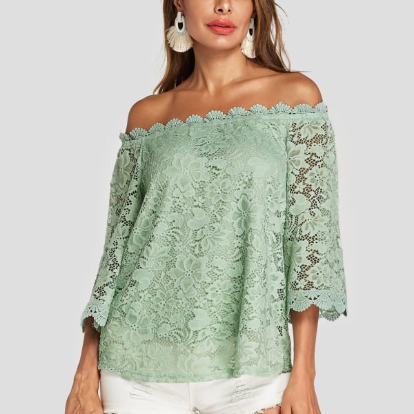 Green Lace Off The Shoulder Long Sleeves Blouse 2
