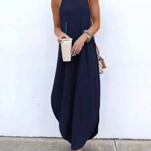 Navy Vacation Style Loose Curved Hem Spaghetti Dress