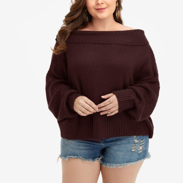 Plus Size Burgundy Off Shoulder Dolman Sleeve Sweater 2