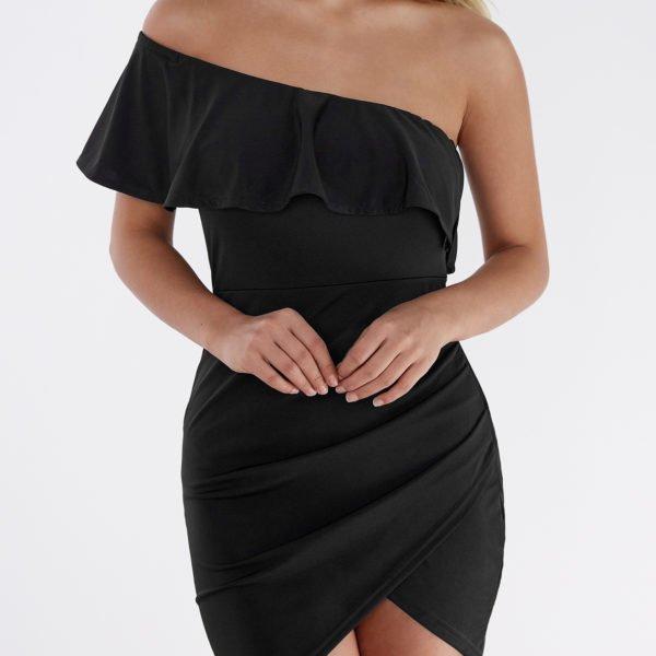 One Shoulder Asymmetrical Bodycon Mini Dress in Black 2