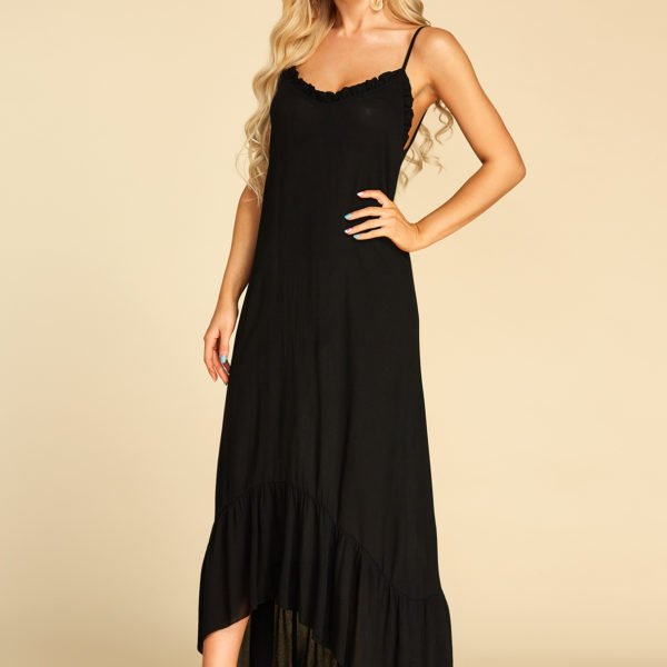 Black Ruffle Trim V-neck Sleeveless Dress 2