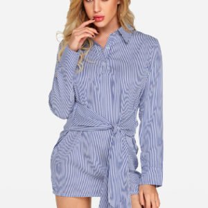 Blue Self-tie Design Stripe Lapel Collar Long Sleeves Dresses