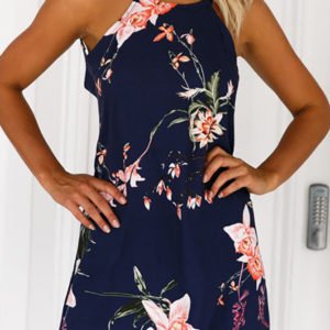 Dark Blue Random Floral Print Mini Dress