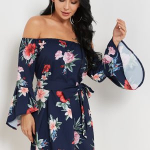 Sexy Off Shoulder Random Floral Print Dress in Dark Blue