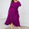 YOINS Plus Size Purple Belt Design Round Neck Dress 3