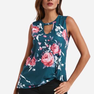 Blue Cut Out Random Floral Print Crew Neck Knot Details Tank Top