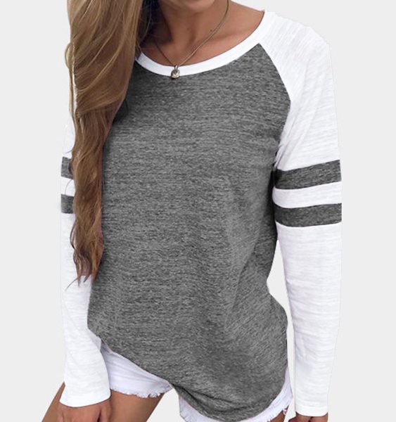 Grey Stripe Colorblock Round Neck Raglan Sleeves T-shirt 2