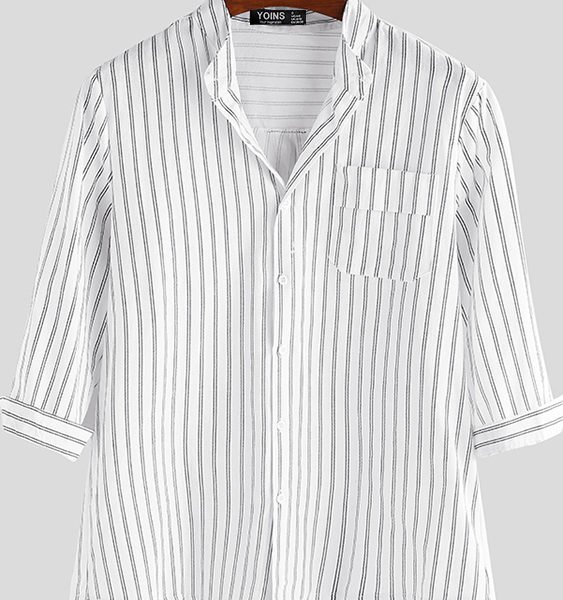 Men Stripe Button Cotton Linen Three Quarter Sleeve Stand Collar Shirt 2