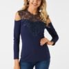 Navy Lace Insert Cold Shoulder Long Sleeves Causal T-shirt 3