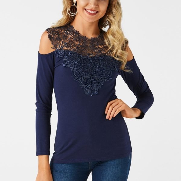 Navy Lace Insert Cold Shoulder Long Sleeves Causal T-shirt 2