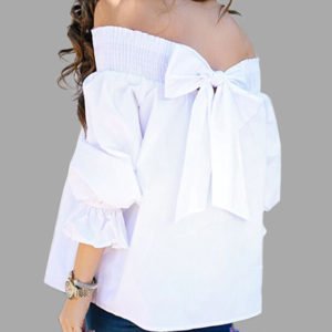 White Bow Tie Back Off The Shoulder 3/4 Length Sleeves Blouses