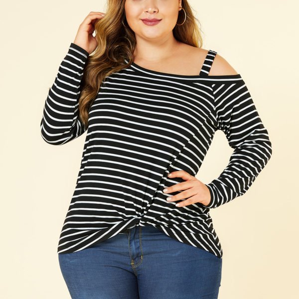 YOINS Plus Size Black Twist Stripe Cold Shoulder Tee 2