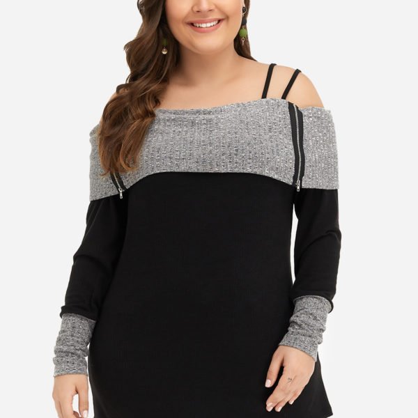 Plus Size Color Block Open Shoulder Sweater 2
