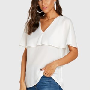 YOINS White V-neck Cap Sleeves Blouse
