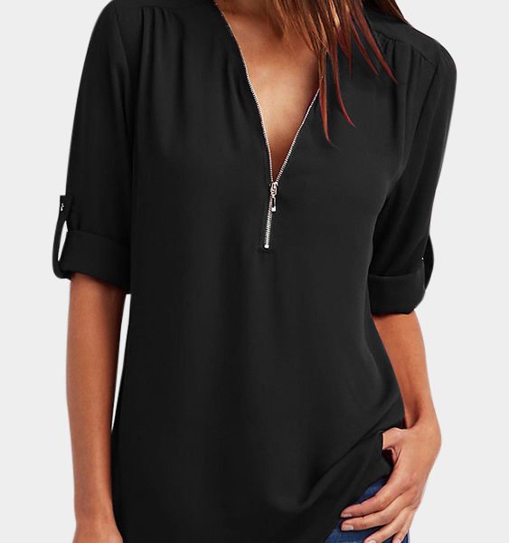 Black Zip Design V-neck Adjustable Sleeve Length Blouse 2