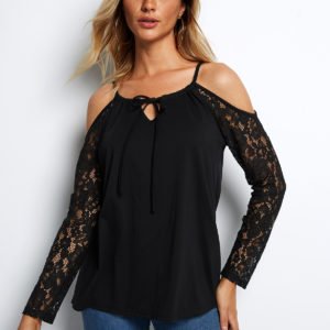 Black See Through Lace Insert Cold Shoulder Self-tie Front Long Sleeves Blouses