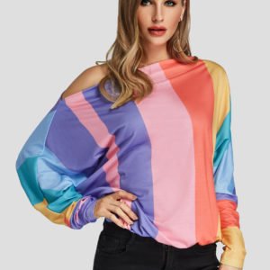 Color Block One Shoulder Long Sleeves Top
